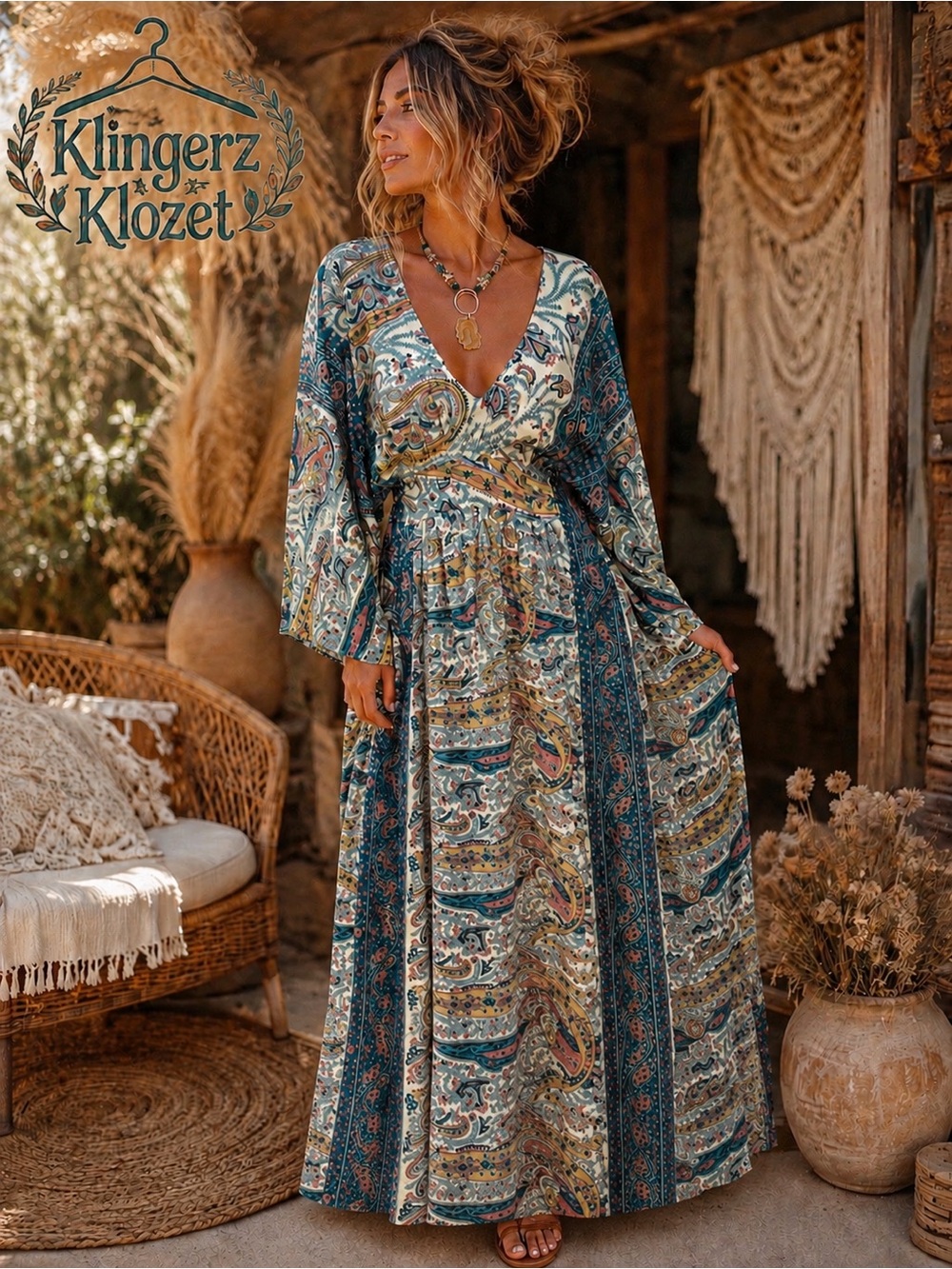 Karma Highway One Size Boho Paisley V Back Bell Sleeve Maxi Dress one size